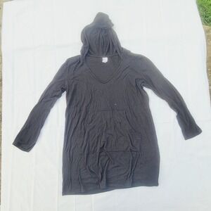 Merona V-Neck Hooded Tunic Pullover Women's XL Black Kangaroo Pocket Long Sleeve
